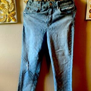 Pilcro The Vintage Straight Jeans Womens 29 Blue Checkered Stretch Raw Fray Hems